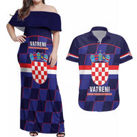 Custom Croatia Football Couples Matching Off Shoulder Maxi Dress and Hawaiian Shirt Come On Vatreni Checkerboard Style
