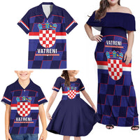 Custom Croatia Football Family Matching Off Shoulder Maxi Dress and Hawaiian Shirt Come On Vatreni Checkerboard Style