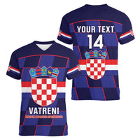 Custom Croatia Football Women V-Neck T-Shirt Come On Vatreni Checkerboard Style