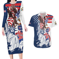 United States 4th Of July Couples Matching Long Sleeve Bodycon Dress and Hawaiian Shirt USA Eagle Statue Of Librerty