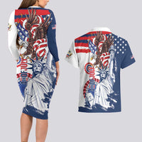 United States 4th Of July Couples Matching Long Sleeve Bodycon Dress and Hawaiian Shirt USA Eagle Statue Of Librerty