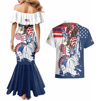 United States 4th Of July Couples Matching Mermaid Dress and Hawaiian Shirt USA Eagle Statue Of Librerty