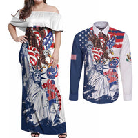 United States 4th Of July Couples Matching Off Shoulder Maxi Dress and Long Sleeve Button Shirt USA Eagle Statue Of Librerty
