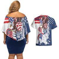 United States 4th Of July Couples Matching Off Shoulder Short Dress and Hawaiian Shirt USA Eagle Statue Of Librerty
