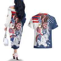 United States 4th Of July Couples Matching Off The Shoulder Long Sleeve Dress and Hawaiian Shirt USA Eagle Statue Of Librerty