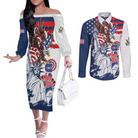 United States 4th Of July Couples Matching Off The Shoulder Long Sleeve Dress and Long Sleeve Button Shirt USA Eagle Statue Of Librerty