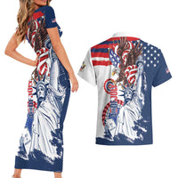 United States 4th Of July Couples Matching Short Sleeve Bodycon Dress and Hawaiian Shirt USA Eagle Statue Of Librerty