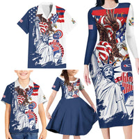 United States 4th Of July Family Matching Long Sleeve Bodycon Dress and Hawaiian Shirt USA Eagle Statue Of Librerty
