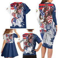 United States 4th Of July Family Matching Long Sleeve Bodycon Dress and Hawaiian Shirt USA Eagle Statue Of Librerty