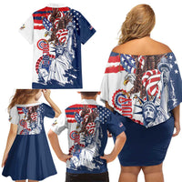 United States 4th Of July Family Matching Off Shoulder Short Dress and Hawaiian Shirt USA Eagle Statue Of Librerty