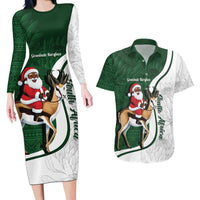 South Africa Christmas In July Couples Matching Long Sleeve Bodycon Dress and Hawaiian Shirt Geseende Kersfees Springbok Black Santa