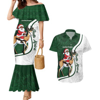 South Africa Christmas In July Couples Matching Mermaid Dress and Hawaiian Shirt Geseende Kersfees Springbok Black Santa
