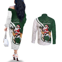 South Africa Christmas In July Couples Matching Off The Shoulder Long Sleeve Dress and Long Sleeve Button Shirt Geseende Kersfees Springbok Black Santa