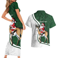 South Africa Christmas In July Couples Matching Short Sleeve Bodycon Dress and Hawaiian Shirt Geseende Kersfees Springbok Black Santa