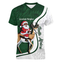 South Africa Christmas In July Women V-Neck T-Shirt Geseende Kersfees Springbok Black Santa