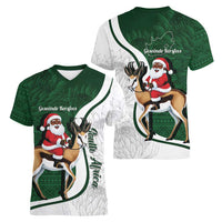 South Africa Christmas In July Women V-Neck T-Shirt Geseende Kersfees Springbok Black Santa