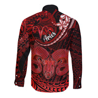 Polynesian Pride Aries Zodiac Long Sleeve Button Shirt Astrological Sign Tribal Plumeria Red Galaxy - Wonder Print Shop