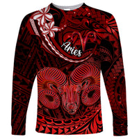 Polynesian Pride Aries Zodiac Long Sleeve Shirt Astrological Sign Tribal Plumeria Red Galaxy - Wonder Print Shop