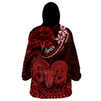 Polynesian Pride Aries Zodiac Wearable Blanket Hoodie Astrological Sign Tribal Plumeria Red Galaxy - Wonder Print Shop