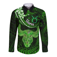 Polynesian Pride Taurus Zodiac Long Sleeve Button Shirt Astrological Sign Tribal Plumeria Green Galaxy - Wonder Print Shop