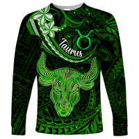 Polynesian Pride Taurus Zodiac Long Sleeve Shirt Astrological Sign Tribal Plumeria Green Galaxy - Wonder Print Shop