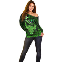 Polynesian Pride Taurus Zodiac Off Shoulder Sweater Astrological Sign Tribal Plumeria Green Galaxy - Wonder Print Shop