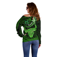 Polynesian Pride Taurus Zodiac Off Shoulder Sweater Astrological Sign Tribal Plumeria Green Galaxy - Wonder Print Shop