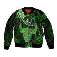 Polynesian Pride Taurus Zodiac Sleeve Zip Bomber Jacket Astrological Sign Tribal Plumeria Green Galaxy - Wonder Print Shop
