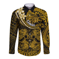 Polynesian Pride Gemini Zodiac Long Sleeve Button Shirt Astrological Sign Tribal Plumeria Gold Galaxy - Wonder Print Shop
