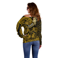 Polynesian Pride Gemini Zodiac Off Shoulder Sweater Astrological Sign Tribal Plumeria Gold Galaxy - Wonder Print Shop