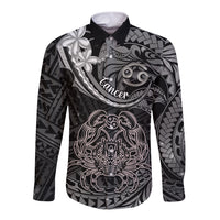 Polynesian Pride Cancer Zodiac Long Sleeve Button Shirt Astrological Sign Tribal Plumeria Grey Galaxy - Wonder Print Shop