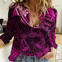 Polynesian Pride Libra Zodiac Women Casual Shirt Astrological Sign Tribal Plumeria Pink Galaxy - Wonder Print Shop