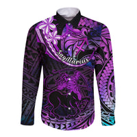 Polynesian Pride Sagittarius Zodiac Long Sleeve Button Shirt Astrological Sign Tribal Plumeria Purple Galaxy - Wonder Print Shop