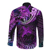 Polynesian Pride Sagittarius Zodiac Long Sleeve Button Shirt Astrological Sign Tribal Plumeria Purple Galaxy - Wonder Print Shop