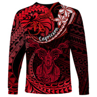 Polynesian Pride Capricorn Zodiac Long Sleeve Shirt Astrological Sign Tribal Plumeria Red Galaxy - Wonder Print Shop