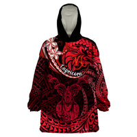 Polynesian Pride Capricorn Zodiac Wearable Blanket Hoodie Astrological Sign Tribal Plumeria Red Galaxy - Wonder Print Shop