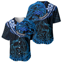 Polynesian Pride Aquarius Zodiac Baseball Jersey Astrological Sign Tribal Plumeria Blue Galaxy - Wonder Print Shop