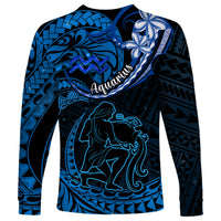 Polynesian Pride Aquarius Zodiac Long Sleeve Shirt Astrological Sign Tribal Plumeria Blue Galaxy - Wonder Print Shop