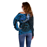 Polynesian Pride Aquarius Zodiac Off Shoulder Sweater Astrological Sign Tribal Plumeria Blue Galaxy - Wonder Print Shop