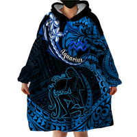 Polynesian Pride Aquarius Zodiac Wearable Blanket Hoodie Astrological Sign Tribal Plumeria Blue Galaxy - Wonder Print Shop