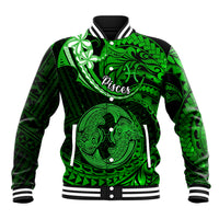 Polynesian Pride Pisces Zodiac Baseball Jacket Astrological Sign Tribal Plumeria Green Galaxy - Wonder Print Shop