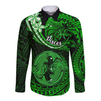 Polynesian Pride Pisces Zodiac Long Sleeve Button Shirt Astrological Sign Tribal Plumeria Green Galaxy - Wonder Print Shop