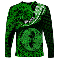 Polynesian Pride Pisces Zodiac Long Sleeve Shirt Astrological Sign Tribal Plumeria Green Galaxy - Wonder Print Shop