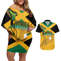 Custom Jamaica Lacrosse Couples Matching Off Shoulder Short Dress and Hawaiian Shirt Streamertail Hummingbird With Flag - Wonder Print Shop