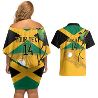 Custom Jamaica Lacrosse Couples Matching Off Shoulder Short Dress and Hawaiian Shirt Streamertail Hummingbird With Flag - Wonder Print Shop