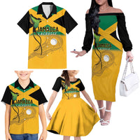 Custom Jamaica Lacrosse Family Matching Off The Shoulder Long Sleeve Dress and Hawaiian Shirt Streamertail Hummingbird With Flag - Wonder Print Shop