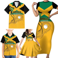 Custom Jamaica Lacrosse Family Matching Short Sleeve Bodycon Dress and Hawaiian Shirt Streamertail Hummingbird With Flag - Wonder Print Shop