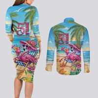 Flamingo Aloha Hawaii Couples Matching Long Sleeve Bodycon Dress and Long Sleeve Button Shirt It's 5 O’Clock Somewhere Tropical Vibes - Wonder Print Shop