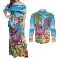 Flamingo Aloha Hawaii Couples Matching Off Shoulder Maxi Dress and Long Sleeve Button Shirt It's 5 O’Clock Somewhere Tropical Vibes - Wonder Print Shop