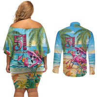 Flamingo Aloha Hawaii Couples Matching Off Shoulder Short Dress and Long Sleeve Button Shirt It's 5 O’Clock Somewhere Tropical Vibes - Wonder Print Shop